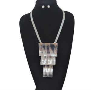 Silverplated Ethnic Textured Layered Curved Metal Statement Necklace & Earrings